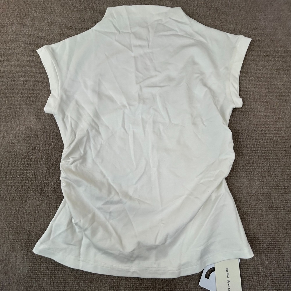 Commense Solid Stand Collar Slim T Shirt Womens Large White Stretch Ruched Sides